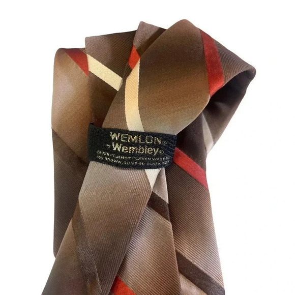 WEMLON by Wembley Vintage Thin Striped Tan Hazelnut & Red Tie 55" x 4" - Picture 3 of 11
